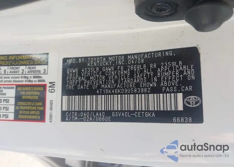 2009 Toyota Camry Xle V6 из США, поврежденный, VIN 4T1BK46K09U583982